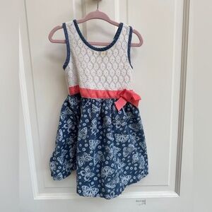 Wonderkids 4T Girls Blue and White Crochet Floral & Butterfly Sleeveless Dress